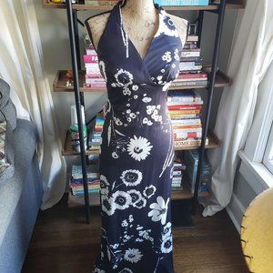 Vintage Jack Hactley Miami Blue Black Floral Maxi V-Neck Dress Shawl Small